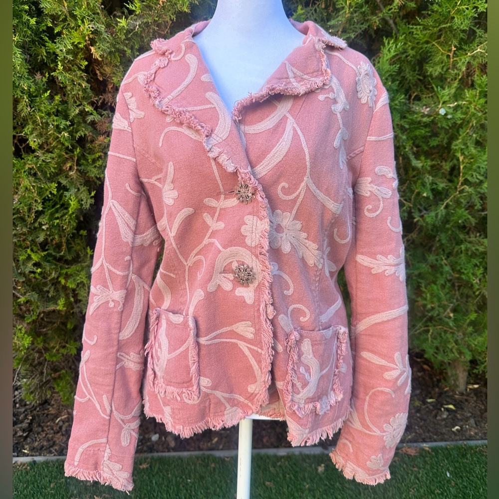 Bloomingdale's Pink Floral Acrylic Blazer/Jacket Fitted Design